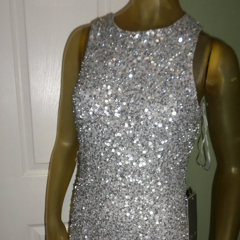 Theia silver sequin sleeveless maxi dress gown